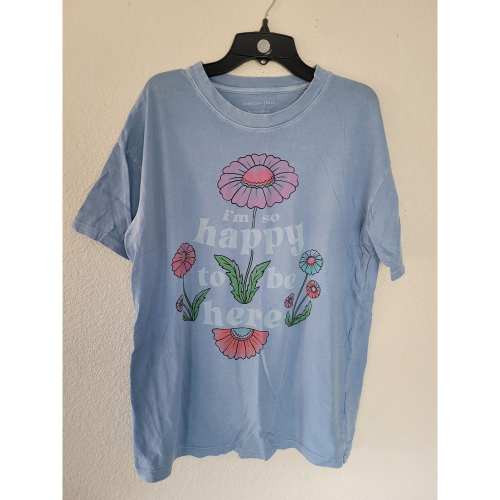 American Eagle Outfitters Soft Washed Crew Neck T Shirt Blue XS S Oversized #21